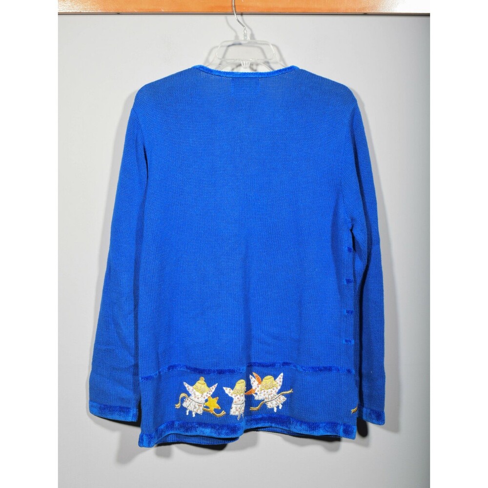 Quacker Factory Cotton Blend Blue 3D Angel Moon Beaded Cardigan Sweater M - Picture 2 of 4